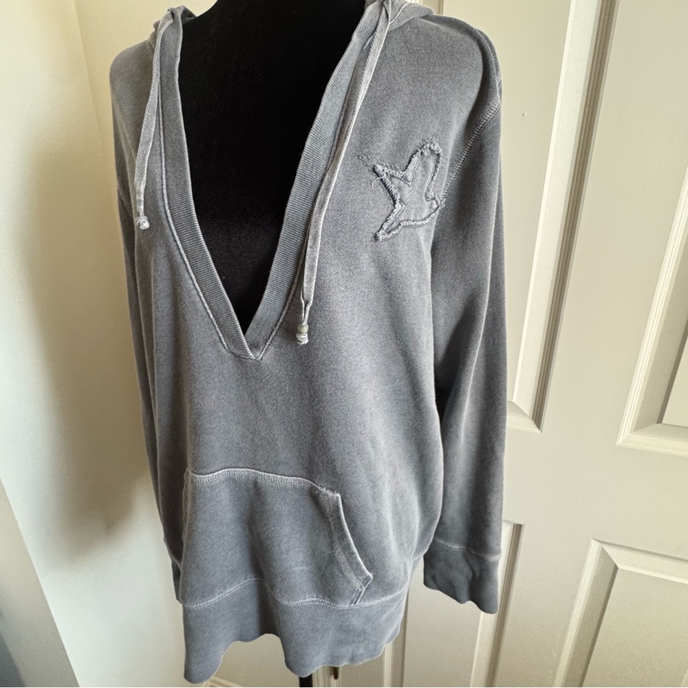 Aerie Gray V-Neck Pullover Hoodie Bird Logo Relaxed Fit Women's Size XL